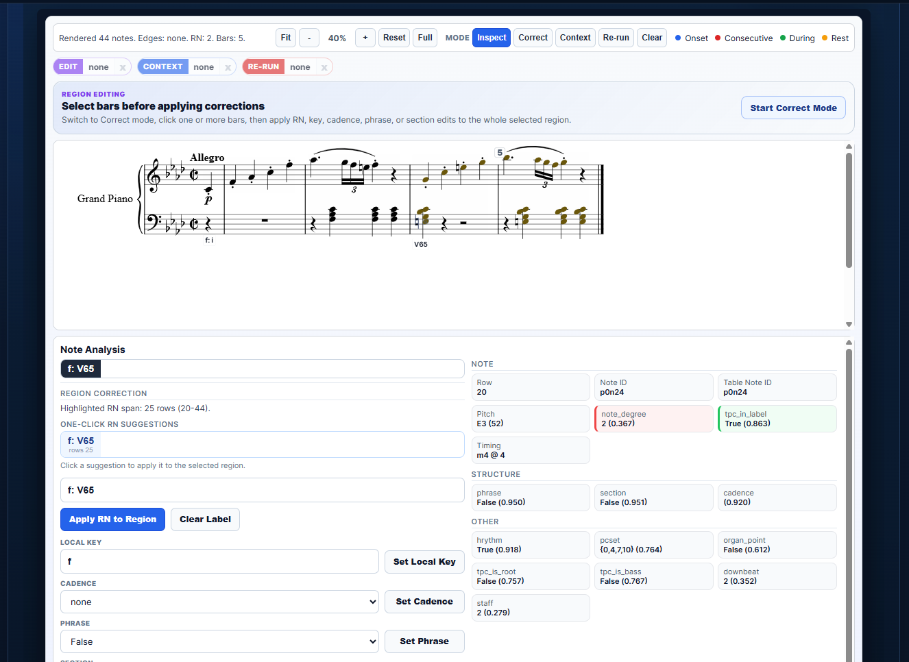 Clicked note in the Verovio score with highlighted Roman numeral span and Note Analysis panel visible.