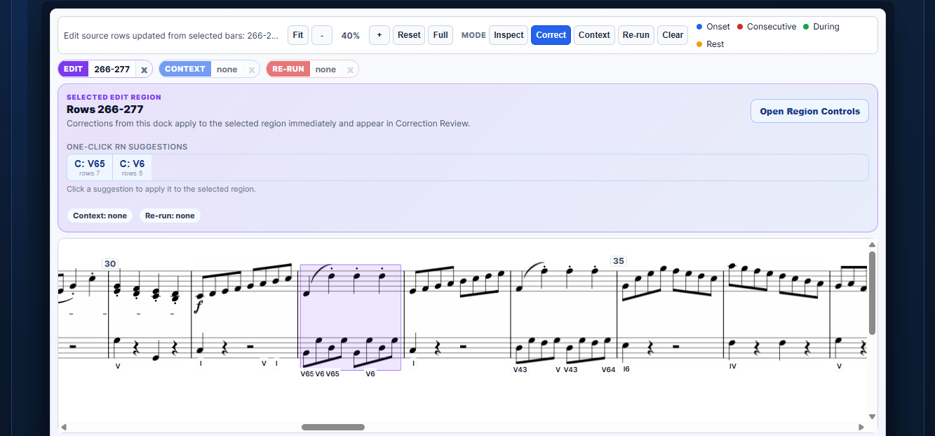 Correct mode with selected bars, one-click RN suggestions, and selected edit region dock.