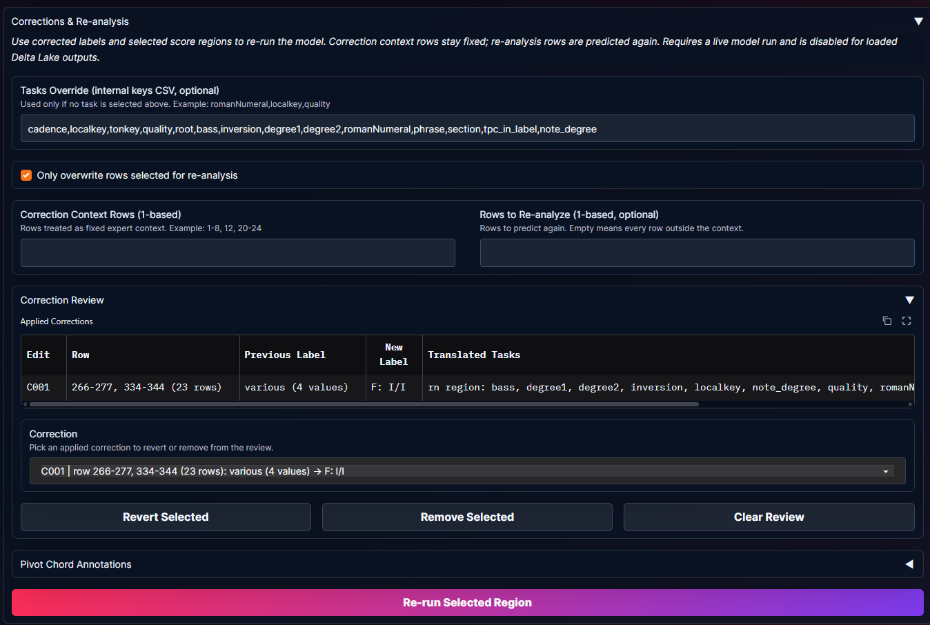 Corrections and Re-analysis panel with context rows, target rows, correction review, and re-run selected region button.
