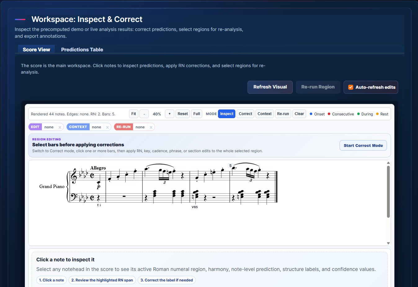 AnalysisGNN Score View with Verovio score, toolbar, region editing dock, and note inspection area.