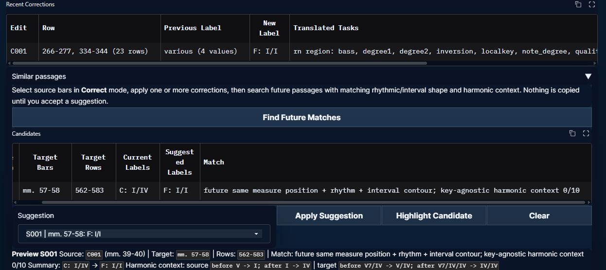 Similar passages panel with future match candidate, apply button, highlight candidate button, and preview text.